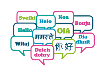 Hello and welcome signs written in different languages in speech bubbles.