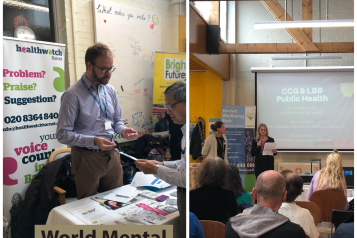 A collage of three photos. One with a male Healthwatch representative talking to a another man, another photo of some people dancing, another photo of two women standing delivering a presentation