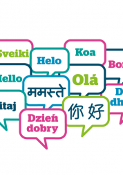 Hello and welcome signs written in different languages in speech bubbles.